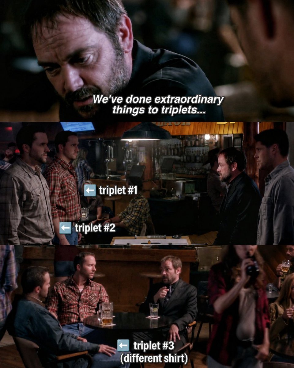 casstieldean's tweet photo. i’ll answer this for you. in 10x01, crowley tells demon!dean that they did some extraordinary things with triplets (obviously AN ORGY), and the only triplets in that episode ARE ALL MEN... so yes, dean canonically had sex with men... hope that helps. https://t.co/yvcnH9L5OV
