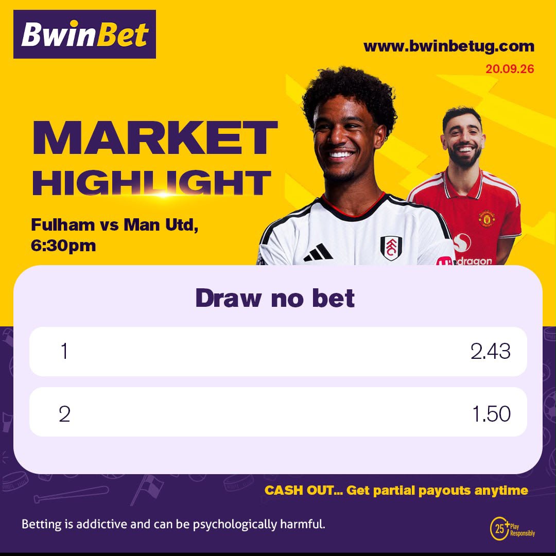bwinbet_Ug's tweet photo. 🔥 MARKET HIGHLIGHT 🔥

⚽ Fulham vs Man Utd
🕡 Kick-off: 6:30PM

🎯 Draw No Bet:
1️⃣ Fulham — 2.43
2️⃣ Man Utd — 1.50

Place your bets and enjoy Cash Out for partial payouts anytime! 💰

👉 Play now at https://t.co/GpdZzir0C7

#BwinBet #BwinBetUganda #MarketHighlight #Fulham #ManUtd #Football #CashOut #BetResponsibly