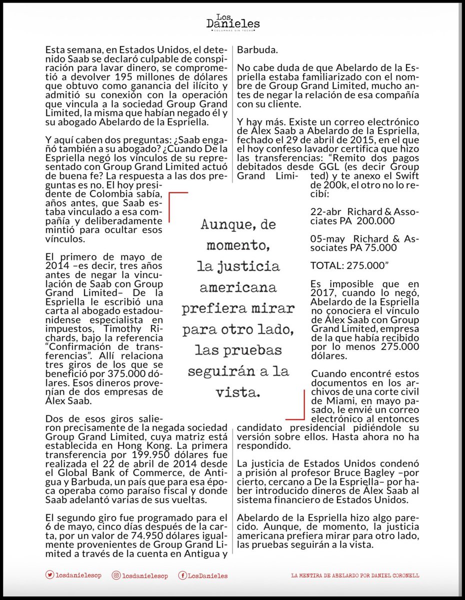 cesarusa5's tweet photo. #LaMentiraDeAbelardo por @DCoronell No cabe duda de que Abelardo de la Es-
priella estaba familiarizado con el nom-
bre de Group Grand Limited, mucho an-
tes de negar la relación de esa compañía
con su cliente. #LosDanieles @losdanieles https://t.co/MeNtCdALwl