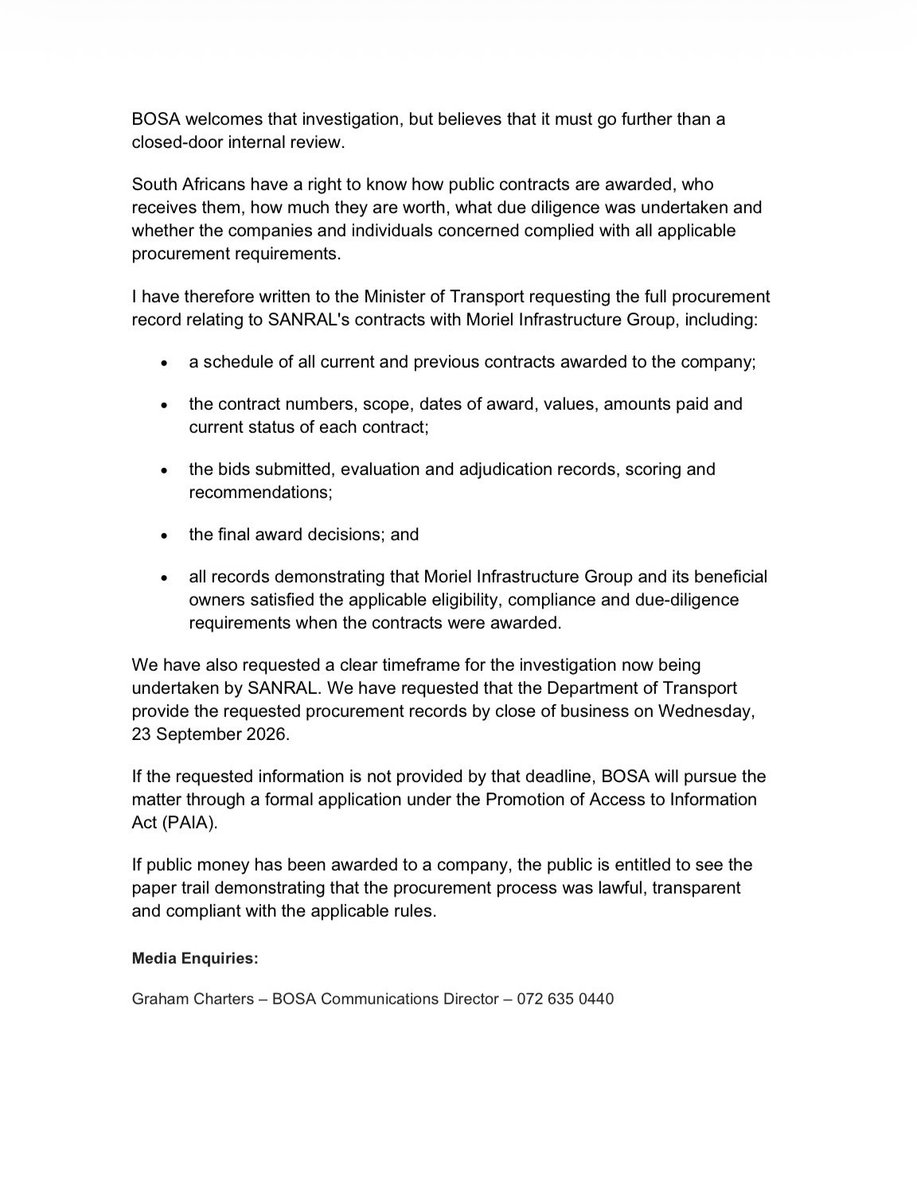 BOSA_Joburg's tweet photo. [MEDIA STATEMENT 💬] 

@BuildOneSA calls for full disclosure of government contracts awarded to Moriel Infrastructure Group

Media Statement by Nobuntu Hlazo-Webster MP: BOSA Deputy Leader
Sunday 20 September 2026 

#BuildOneSA #BuildJoburg #Nobuntu4Mayor https://t.co/UhJfJ3ZZxM