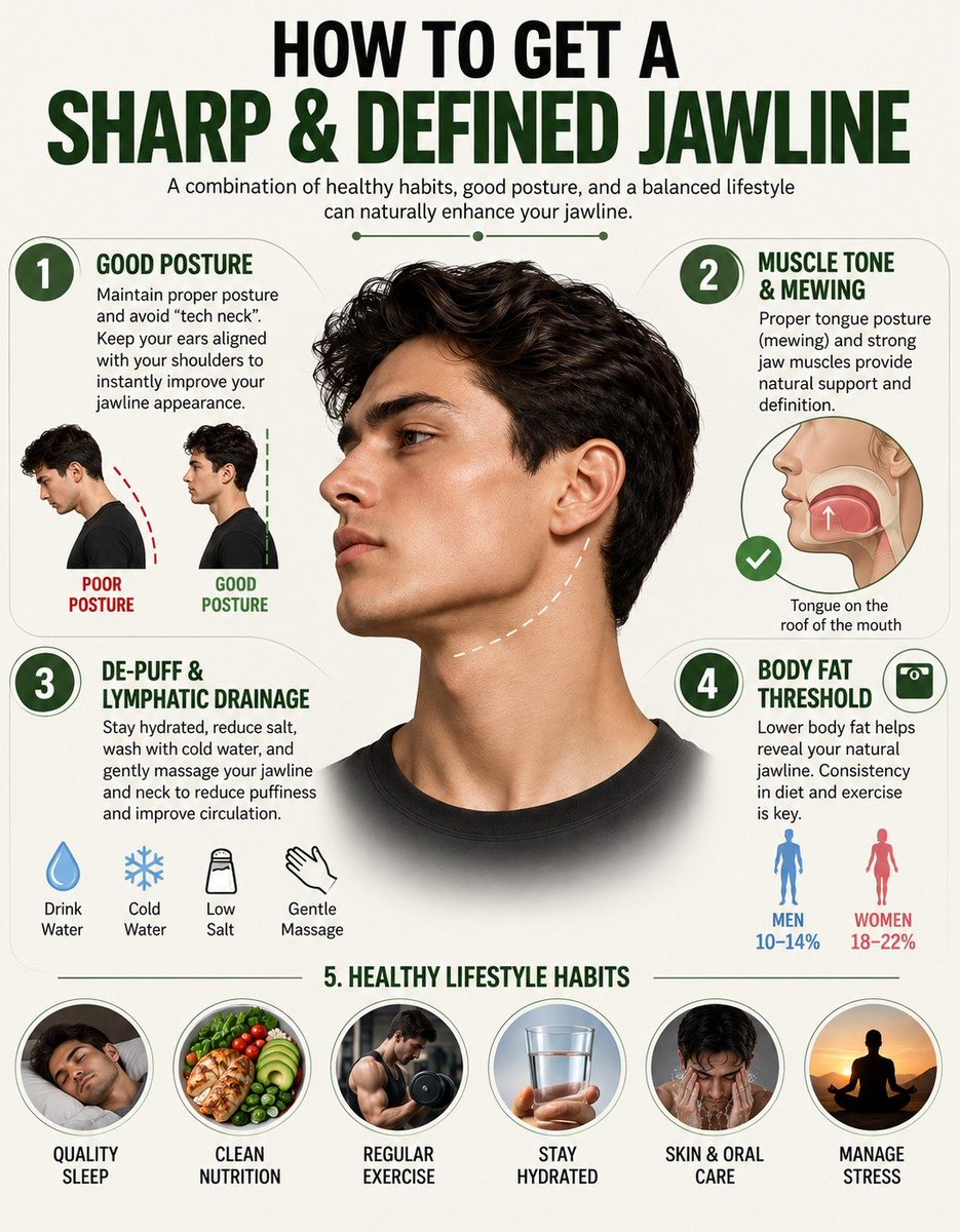 vitalnibbles's tweet photo. Want a sharper-looking jawline? 👇

Your appearance is influenced by genetics, body composition, posture, and overall lifestyle. Instead of chasing quick fixes, focus on the fundamentals: quality sleep, balanced nutrition, regular exercise, hydration, and good posture.

Consistency > shortcuts. 💪