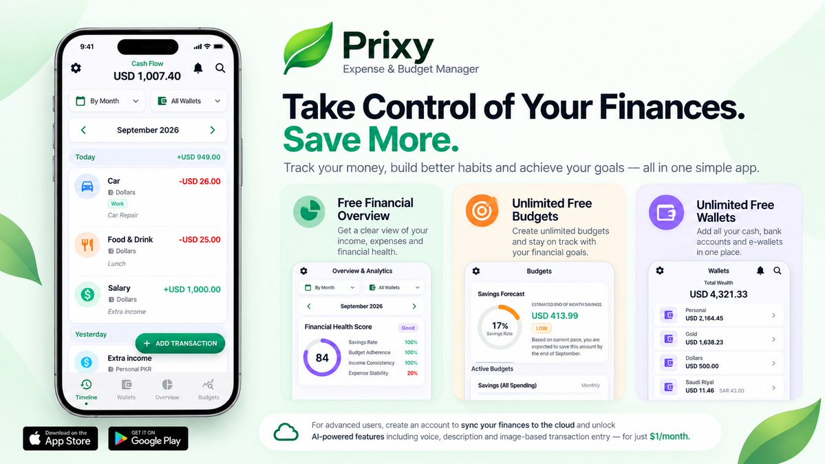 SalmanNaseer's tweet photo. What started as a personal project is now available free for all.

Introducing Prixy – your finance and budgets companion. Track your finances, create unlimited free wallets in any currency, unlimited free categories and labels, free financial scoring, savings forecast and unlimited free budgets. Now available for Android and iOS:

Play Store: https://t.co/B4eLDUmaMt

App Store: https://t.co/Wzxm3QCMyQ

For years I’ve used multiple expense management apps but they all either lack essential features for free, too cluttered, or doesn’t give you enough information to understand your expenses. This is why I built Prixy from ground up with three things in mind: all essential features must be free (no annoying pay more for adding more categories), it should be mobile-first – super fast feed in your palms no internet required, and it should give you helpful information based on all the recorded transactions (Savings forecast, financial health score, more to come soon).