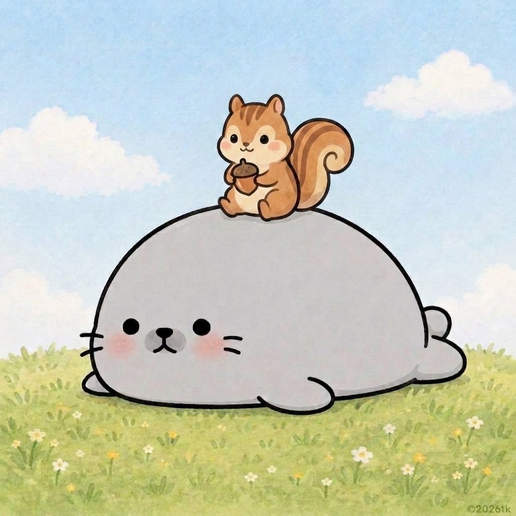 poyosio's tweet photo. 今夜は、こちらの仲良しコンビから癒やしのお裾分けです🦭🐿💕

​草原でのんびり。

見ているだけで心がほわっと温かくなりますね☺️

​皆様も一日お疲れ様でした。

良い夢を見てくださいね🌙

#イラスト　#アザラシ https://t.co/HFNj22gGKr