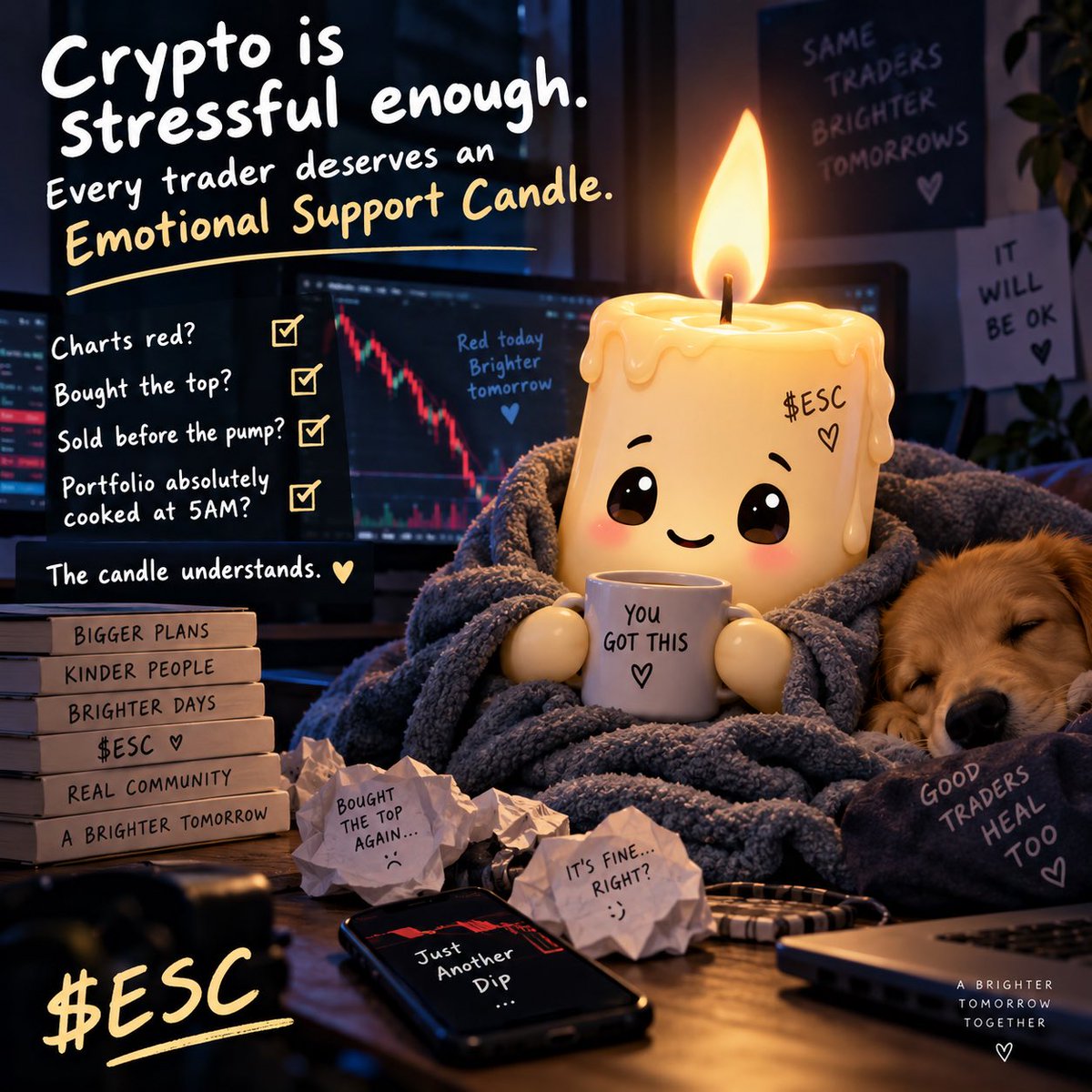 ESCandleSOL's tweet photo. New strategy starts now. 🕯️

Crypto is stressful enough.

Every trader deserves an Emotional Support Candle.

Charts red? 🕯️
Bought the top? 🕯️
Sold before the pump? 🕯️
Portfolio absolutely cooked at 5AM? 🕯️

The candle understands.

$ESC https://t.co/wWu0u6I9Ld
