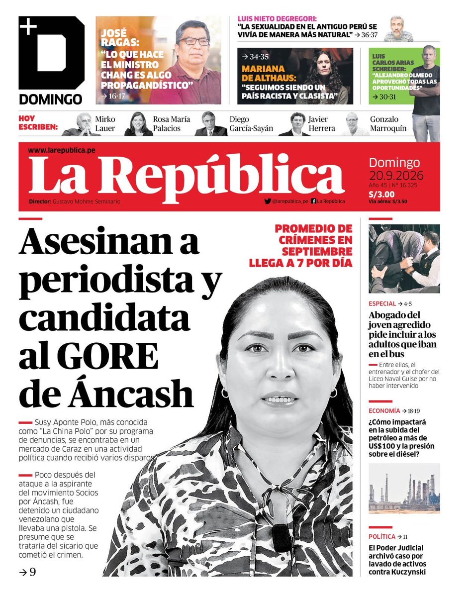larepublica_pe's tweet photo. 🗞 ¡Buenos días! 👋 Esta es nuestra portada de hoy, domingo 20 de septiembre de 2026 📰

➡️ Recuerda que también puedes leer nuestra versión impresa aquí: https://t.co/Lau5HEyS1i https://t.co/uKGNZ3dSRy