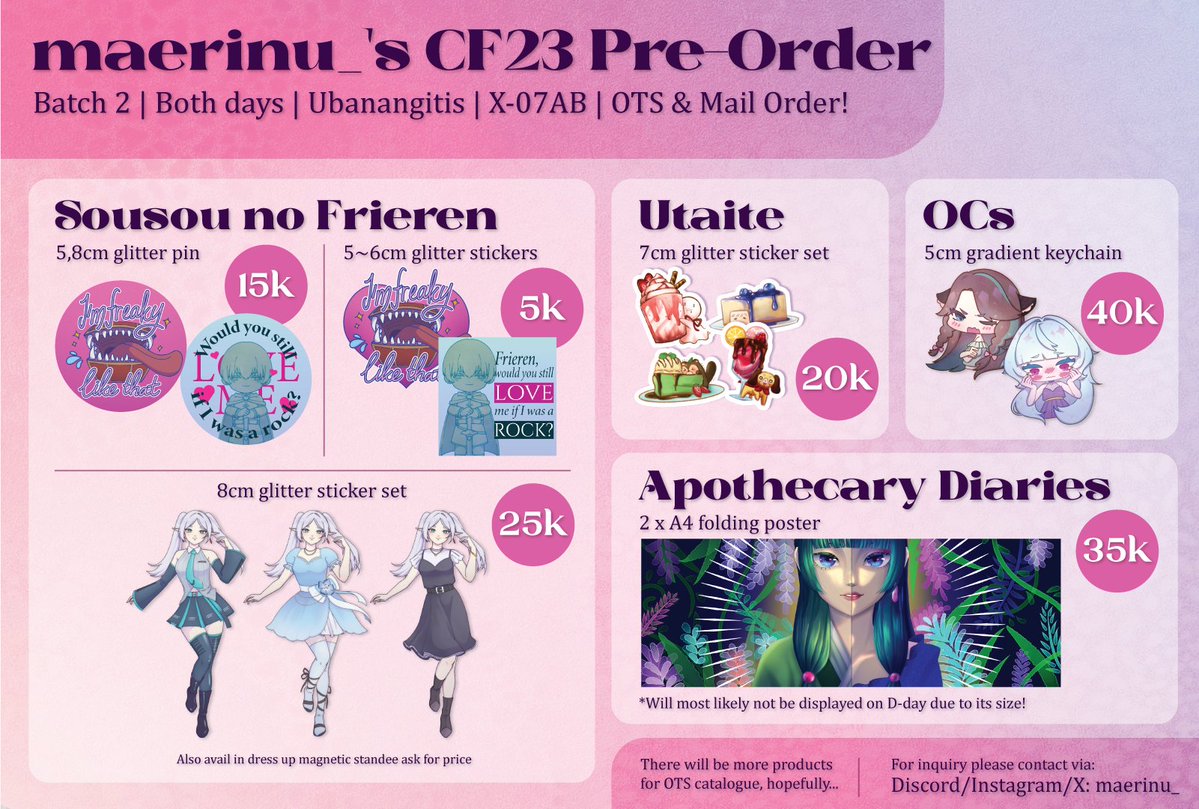maerinu_'s tweet photo. I'm back with a quick PO Batch 2 for #cf23 available for OTS and mail order!
๐DoL, Umamusume, Ace Attorney, Frieren, Utaite, Apothecary Diaries, OCs
๐
20 Sept - 25 Sept
๐ Ubanangitis, X-07
๐ https://t.co/iHpQlm3xUR
#cf23catalog #cf23catalogue
Product samplesโคต๏ธ!! https://t.co/9lojR0FSLd