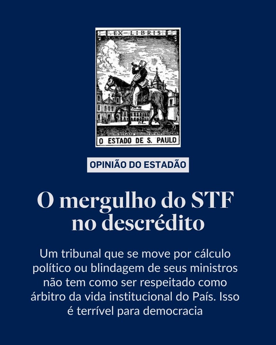 Estadao's tweet photo. EDITORIAL | O mergulho do STF no descrédito – “Um STF que se deixa rebaixar ao rés do chão da maneira degradante a que todos assistimos corrompe o patrimônio simbólico do decoro e da imparcialidade, húmus de sua legitimidade”. Leia o texto completo: https://t.co/Ct9kAzSsnh https://t.co/edCmzEjuy1