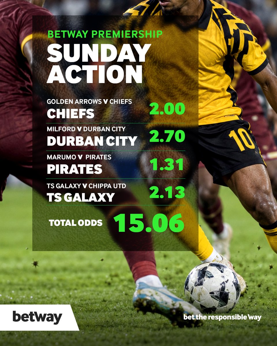 BetwayMalawi's tweet photo. ⚽ The Betway Premiership takes centre stage this Sunday! 🔥

We're backing Chiefs, Durban City, Pirates and TS Galaxy to get the job done in a bumper Sunday combo at 15.06 odds. 👀💰

Will your picks match ours?

👉 Place your bet now via the link in bio.

#BetwayPremiership https://t.co/yybk4AP80v