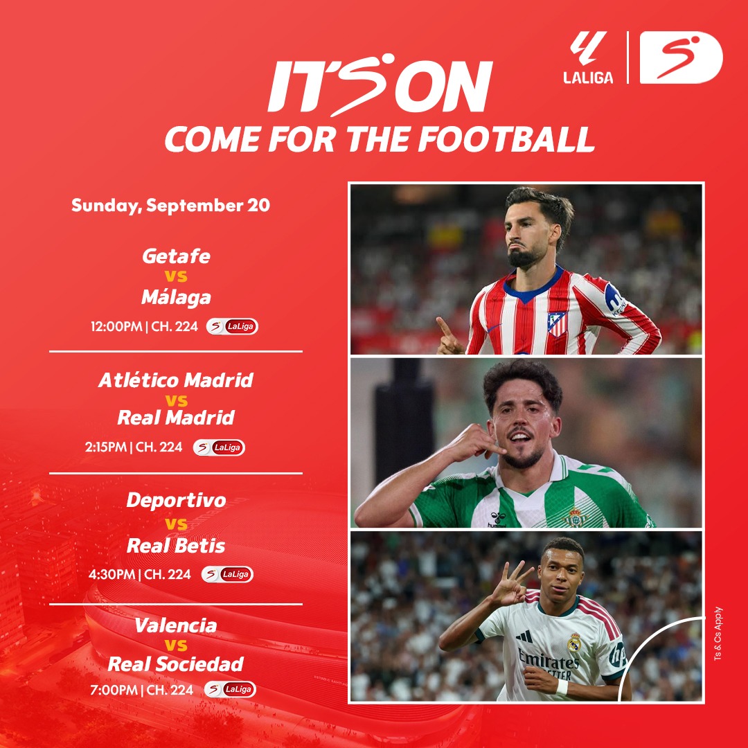 DStv_Ghana's tweet photo. Sunday in #LaLiga is stacked!⚽
🔹 Getafe vs Málaga at 12:00PM
🔹 Atlético Madrid vs Real Madrid at 2:15PM
🔹 Deportivo vs Betis at 4:30PM
🔹 Valencia vs Sociedad at 7:00PM
📲 Reconnect from DStv Access upwards & catch the action LIVE in HD on SuperSport.
#SSfootballONDStv https://t.co/t7W2L80Q3G