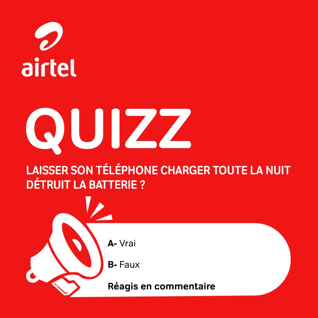 airtelniger's tweet photo. Réponse
La bonne réponse est B. Les smartphones modernes sont programmés pour couper la charge une fois qu’elle atteint les 100%.
#AirtelNiger https://t.co/jdl1UvSElX