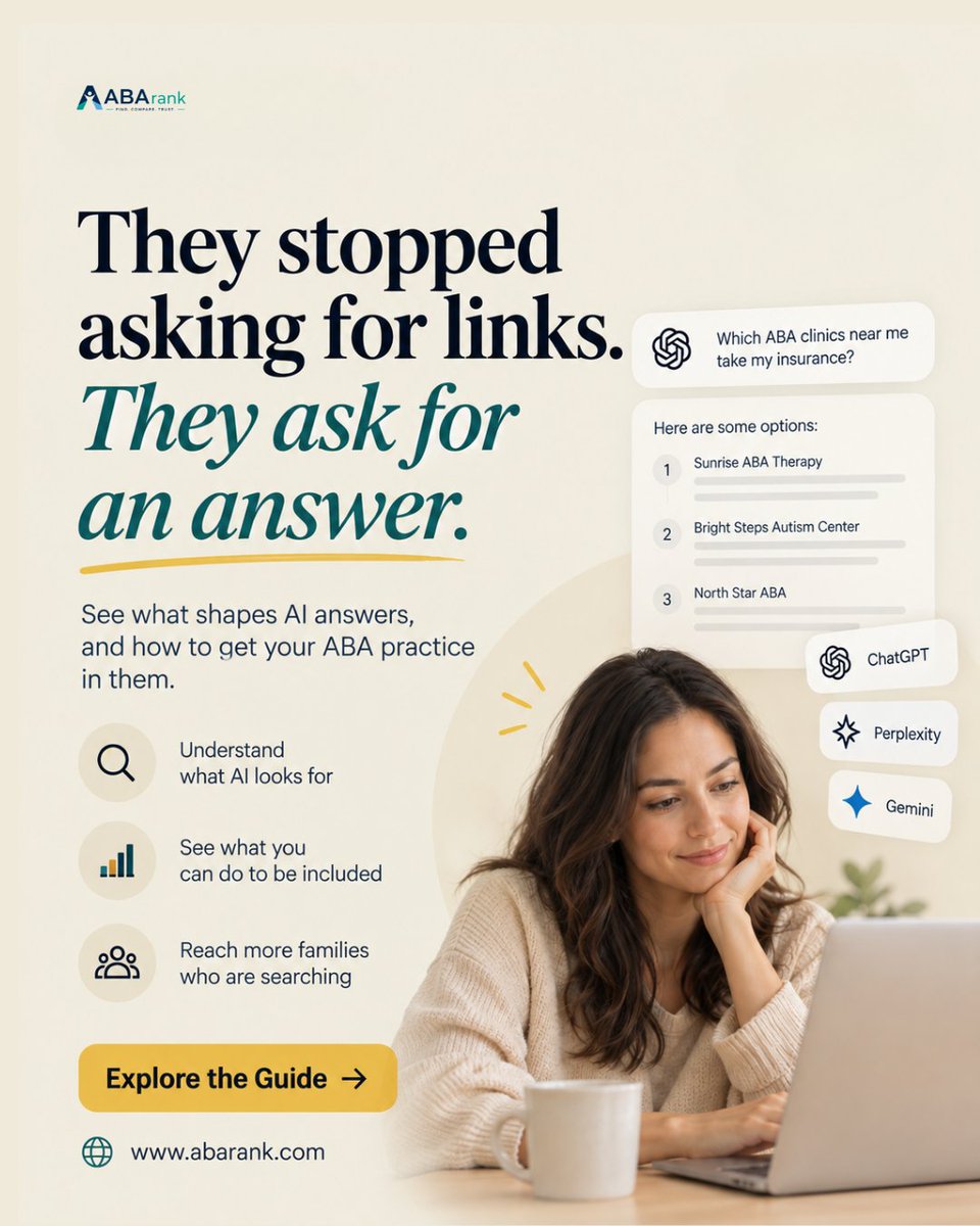 abarankhq's tweet photo. AI is changing how people discover ABA providers.

Parents and clinic owners are no longer relying only on traditional search. They are asking tools like ChatGPT, Perplexity, and Google AI for direct recommendations and comparisons. https://t.co/9TyIYLhlNp