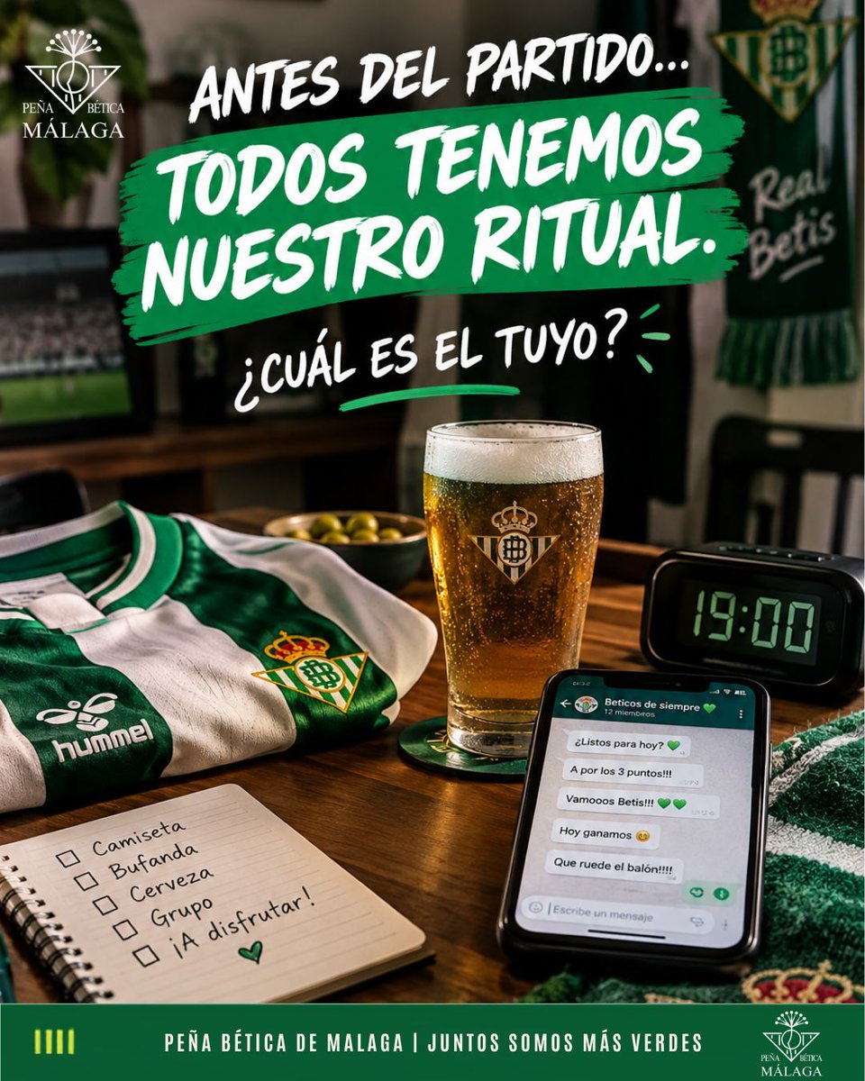 pbeticamalaga's tweet photo. Cada bético tiene sus rituales. 😂💚

Algunos se ponen la camiseta con horas de antelación.
Y luego están los que dicen: “hoy ganamos fácil” y ya sabemos cómo acaba eso. 😂

¿Cuál es tu ritual antes de que empiece el partido? 👇

Te leemos.

Haciendo Betis en Málaga. https://t.co/iwqwiAKY1h