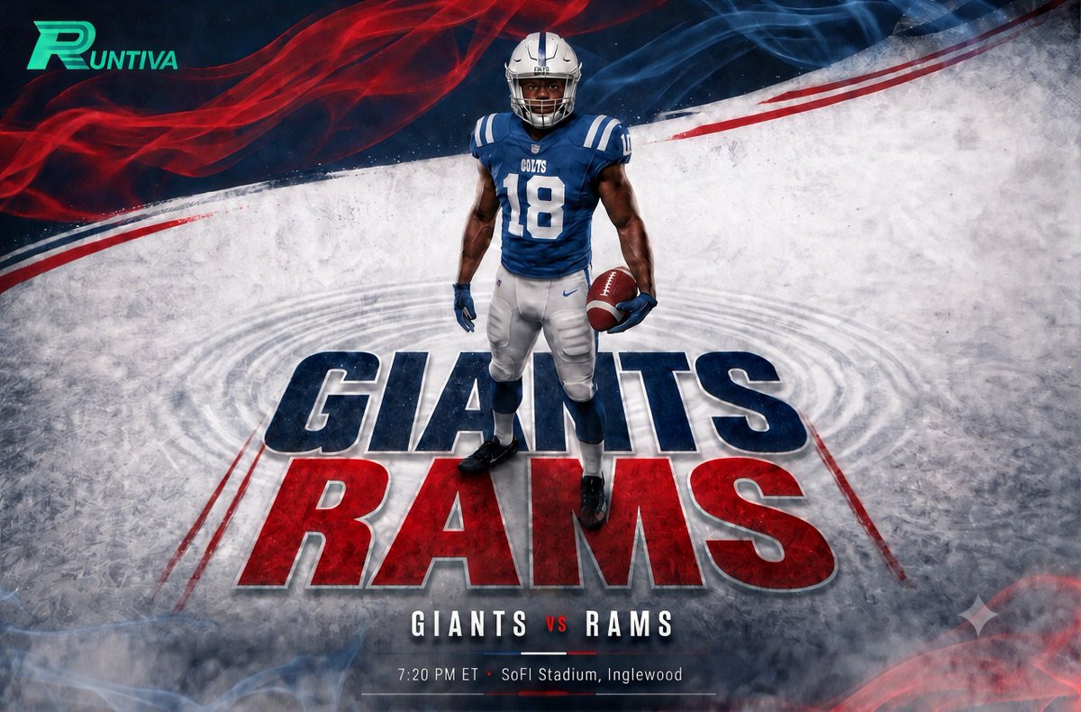 runtiva's tweet photo. Primetime football heads to the West Coast! 🏈 The Giants take on the Rams at SoFi Stadium in Inglewood. Kickoff is at 7:20 PM ET. Draft your ultimate lineup on Runtiva and dominate the competition.   Link to join: https://t.co/xYw1X4FOdi #RamsHouse #GiantsPride #Runtiva #FantasyFootball