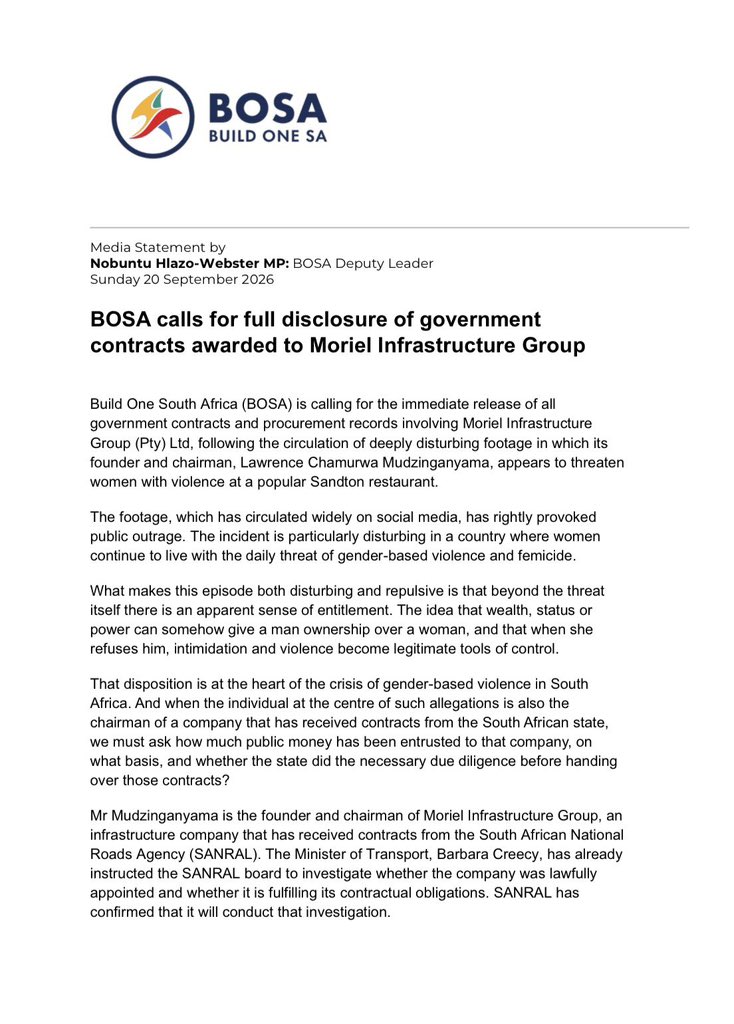 NobuntuSA's tweet photo. As committed yesterday, we have written to the Minister of Transport.  
We call for full disclosure of government contracts awarded to Moriel Infrastructure Group. https://t.co/LfABWagMdt