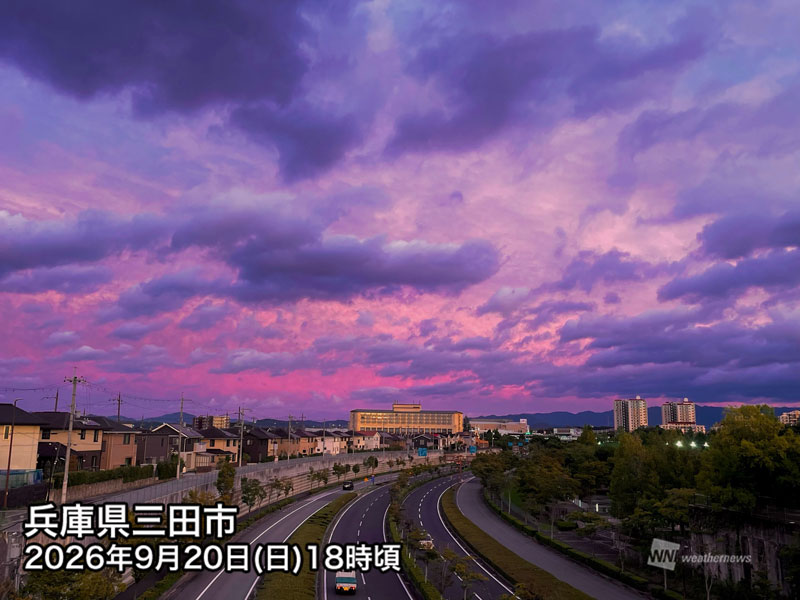 wni_jp's tweet photo. 【台風接近前の幻想的な夕焼け】
台風25号が接近中の今日20日(日)、本州の近畿から東北の各地ではピンク色や紫色に染まる空や、燃えるような赤い空など幻想的な夕焼けが見られました。このような夕焼け空となったのは、台風が送り込む湿った空気の影響です。
https://t.co/AbgTc3UrTo https://t.co/JxGF1R7Mxa