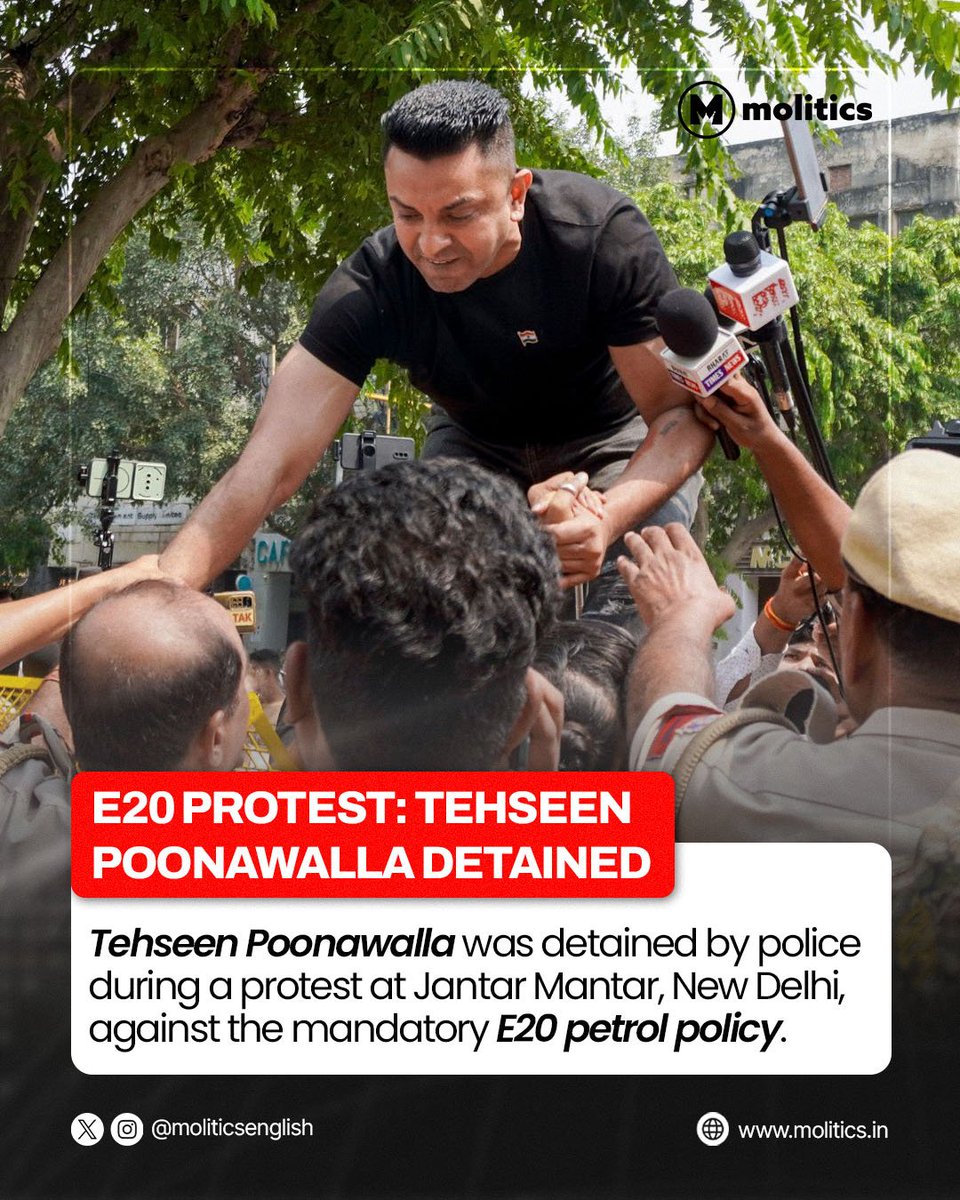MoliticsEnglish's tweet photo. Activist Tehseen Poonawalla was taken into police custody during a protest against the Centre’s E20 fuel policy at Jantar Mantar, New Delhi.

He has repeatedly opposed mandatory E20 blending and called for greater consumer choice.

#E20 #E20Policy #TehseenPoonawalla #JantarMantar https://t.co/q6fLQIB7QE