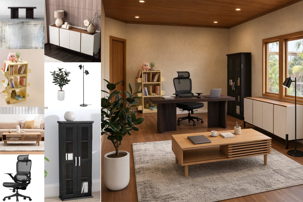 Office interior assembled in Qwen Image 2.1 from nine furniture reference images