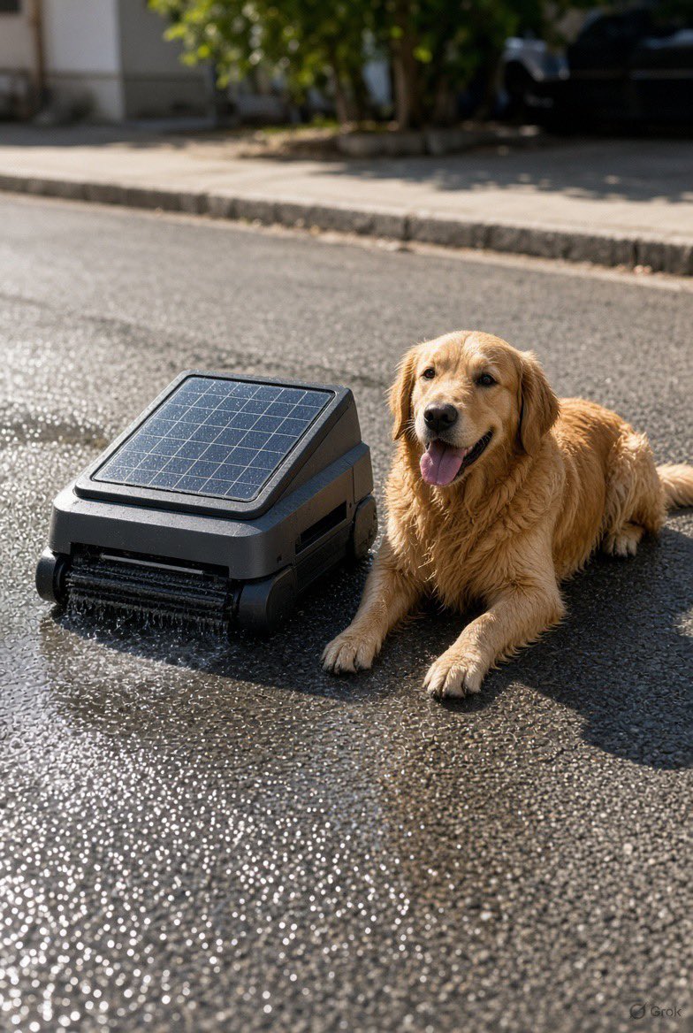 AnNaKim811's tweet photo. Chinese solar-cleaning robot now washes dogs in the street. Same machine. Different job. That is how fast this tech leaves the factory. https://t.co/qG2U174UZm