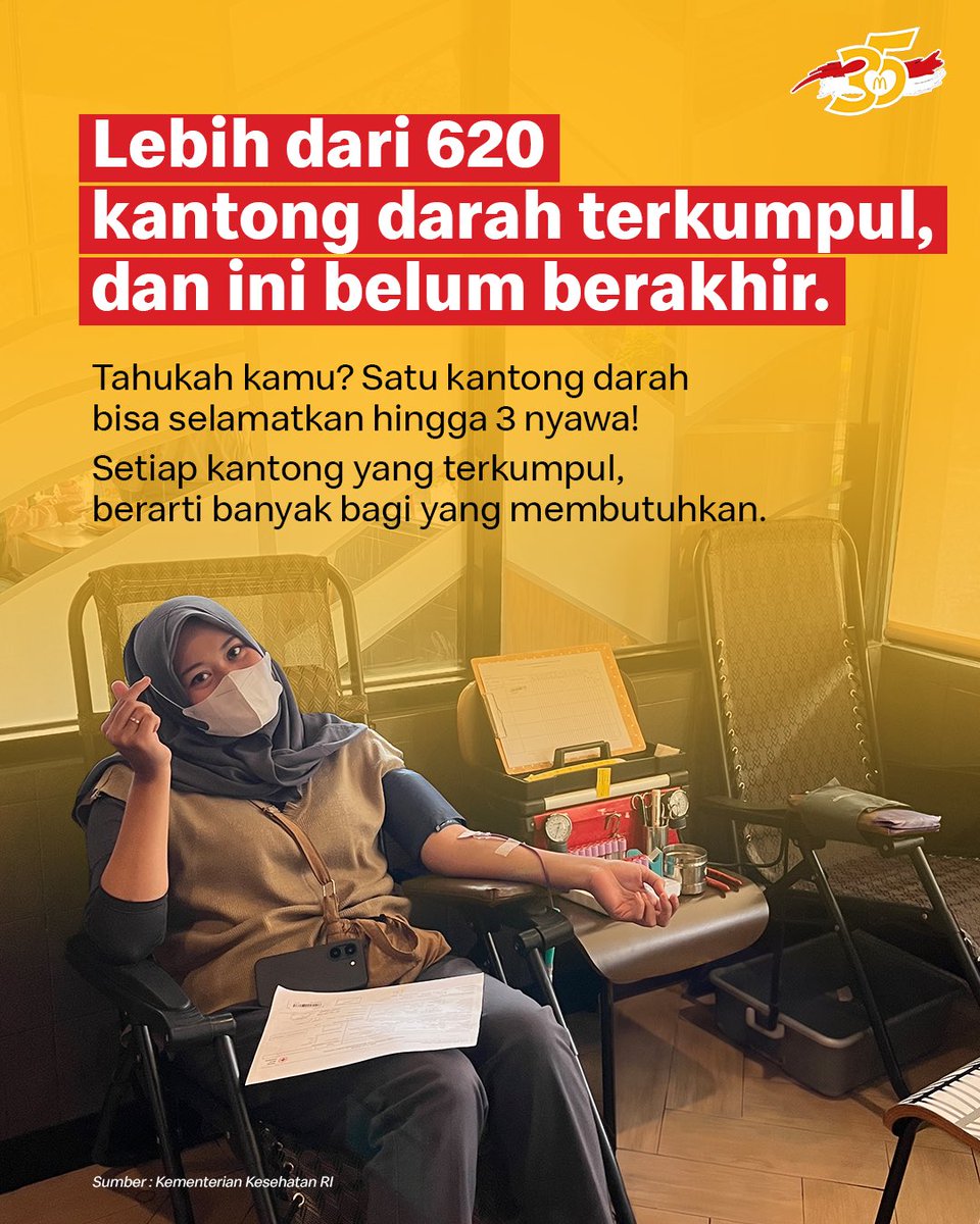 McDonalds_ID's tweet photo. Satu kantong darah mungkin terlihat sederhana, tapi buat yang membutuhkan, artinya bisa begitu berarti.

McDonald's Indonesia terus hadir mendukung inisiatif kemanusiaan bersama komunitas sekitar sejalan dengan semangat 'Sepenuhnya Indonesa'. https://t.co/91XzCpFCjD