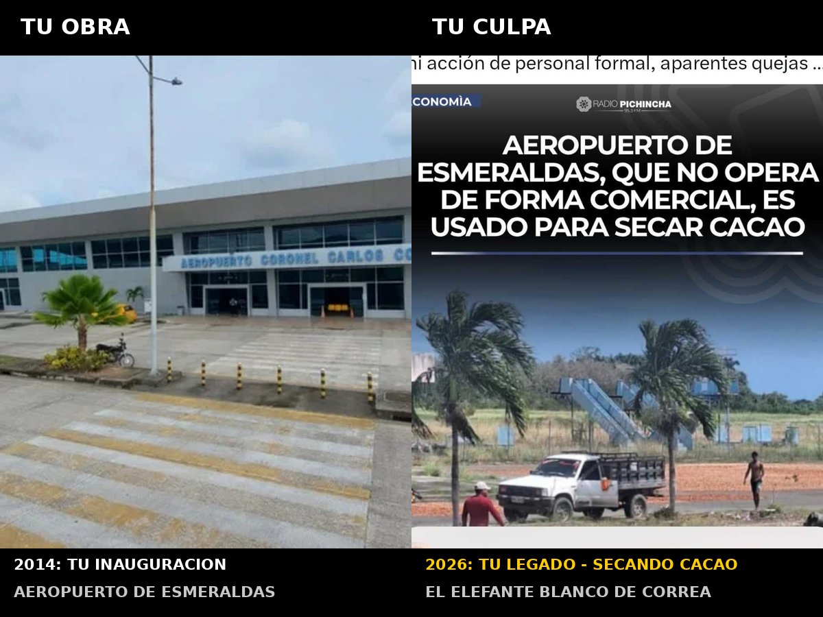 paulydice_'s tweet photo. @MashiRafael TU INAUGURACIÓN. 2026: TU LEGADO.
Ese aeropuerto que hoy seca cacao lo construiste TÚ. Más de $30M, sin vuelos, sin planificación. No es que "llegamos a esto" ahora, es que NUNCA funcionó. Esmeraldas duele por tu despilfarro. #ElCulpableEresTú https://t.co/mJePGlVXI3