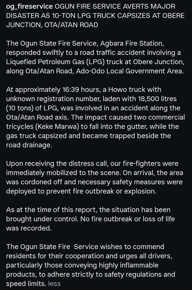 OG_FireService's tweet photo. OGUN FIRE SERVICE AVERTS MAJOR DISASTER AS 10-TON LPG TRUCK CAPSIZES AT OBERE JUNCTION, OTA/ATAN ROAD https://t.co/o11ZkJvgGy