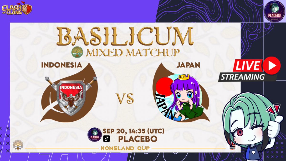 placeboCOC1's tweet photo. 今晩 23:30からLIVE配信しますꉂꉂ📣
久々の国別対抗戦 Homeland Cup
TH15-18の10人対戦ですᐠ( ᐛ )ᐟ

Indonesia 🆚 Japan
⏰ Sep.20th 14:30UTC(23:30JST)
⚔️ Basilicum

Youtube：https://t.co/UzzXRDsABF
Twitch：https://t.co/nOzqGrTo13
TikTok：https://t.co/s1T8glgFiD https://t.co/AYI2R9gJBn