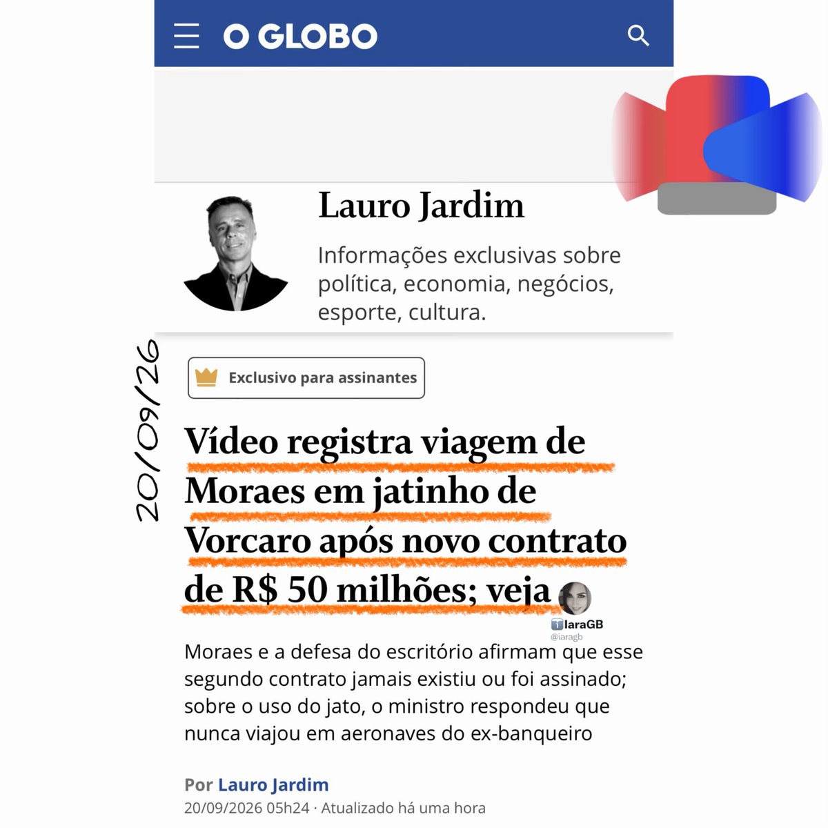 iaragb's tweet photo. Lauro Jardim explodiu a semana‼️

Trouxe vídeo em que o ministro e sua esposa descem do jatinho do Vorcaro.
De acordo com a reportagem, o ministro segue negando que voou. https://t.co/UKnUumEpDI