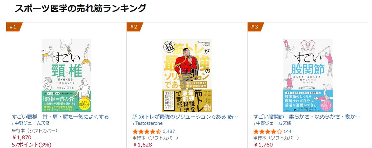 takeuch's tweet photo. 『すごい頸椎』（中野ジェームズ修一著）
ありがたいことにAmazonジャンル「スポーツ医学」で1位を獲得！！ 

『すごい股関節』も順位が上がってきました https://t.co/h8mIVUE4Ce