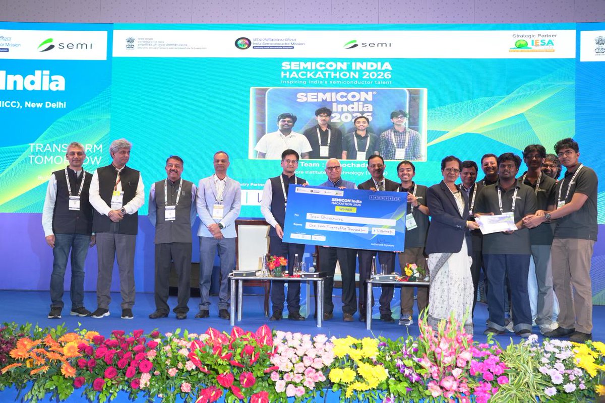 SemiconIndia's tweet photo. Hackathon 2026 concluded on a high note at #SEMICONIndia2026 

The nationwide competition witnessed overwhelming enthusiasm, receiving 3,808 team registrations from 881 colleges and over 1,053 innovative ideas, with the top 10 teams advancing to the Grand Finale.

Huge congratulations to the standout teams who took top honors! 👏

🏆 Winners: Teams from VIT Vellore and IIT Madras
🥈 Runners-Up: Teams from KPR Institute and VIT Vellore

#SEMICONIndia #ViksitBharat #AtmanirbharBharat
