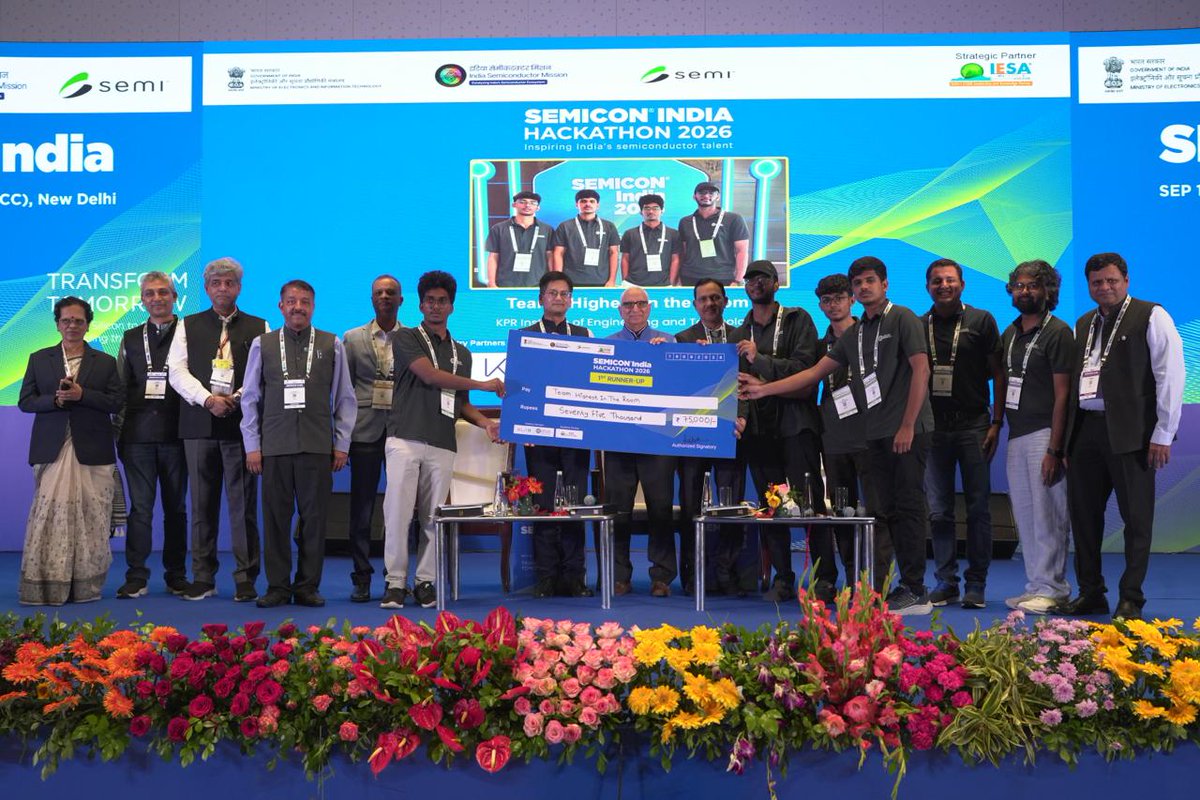 SemiconIndia's tweet photo. Hackathon 2026 concluded on a high note at #SEMICONIndia2026 

The nationwide competition witnessed overwhelming enthusiasm, receiving 3,808 team registrations from 881 colleges and over 1,053 innovative ideas, with the top 10 teams advancing to the Grand Finale.

Huge congratulations to the standout teams who took top honors! 👏

🏆 Winners: Teams from VIT Vellore and IIT Madras
🥈 Runners-Up: Teams from KPR Institute and VIT Vellore

#SEMICONIndia #ViksitBharat #AtmanirbharBharat