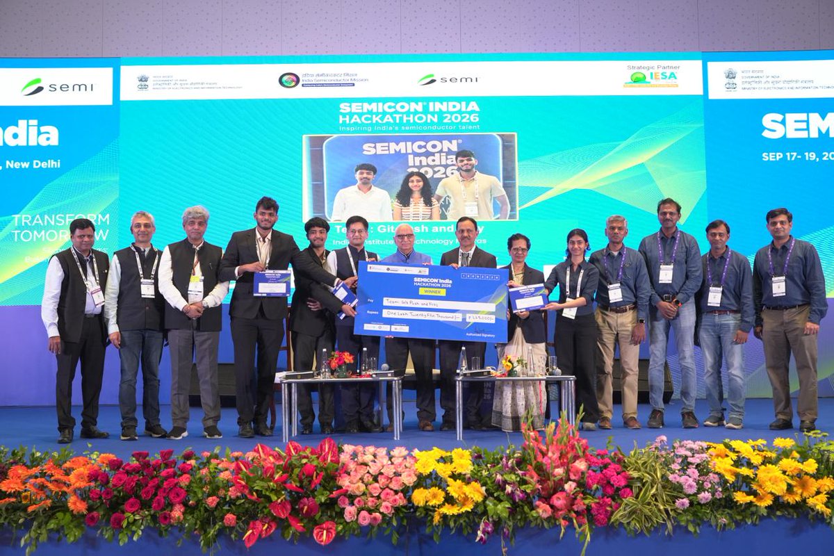 SemiconIndia's tweet photo. Hackathon 2026 concluded on a high note at #SEMICONIndia2026 

The nationwide competition witnessed overwhelming enthusiasm, receiving 3,808 team registrations from 881 colleges and over 1,053 innovative ideas, with the top 10 teams advancing to the Grand Finale.

Huge congratulations to the standout teams who took top honors! 👏

🏆 Winners: Teams from VIT Vellore and IIT Madras
🥈 Runners-Up: Teams from KPR Institute and VIT Vellore

#SEMICONIndia #ViksitBharat #AtmanirbharBharat
