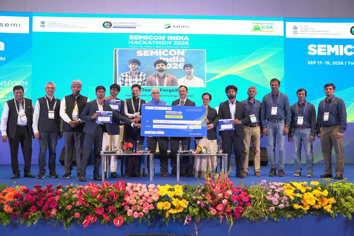 SemiconIndia's tweet photo. Hackathon 2026 concluded on a high note at #SEMICONIndia2026 

The nationwide competition witnessed overwhelming enthusiasm, receiving 3,808 team registrations from 881 colleges and over 1,053 innovative ideas, with the top 10 teams advancing to the Grand Finale.

Huge congratulations to the standout teams who took top honors! 👏

🏆 Winners: Teams from VIT Vellore and IIT Madras
🥈 Runners-Up: Teams from KPR Institute and VIT Vellore

#SEMICONIndia #ViksitBharat #AtmanirbharBharat