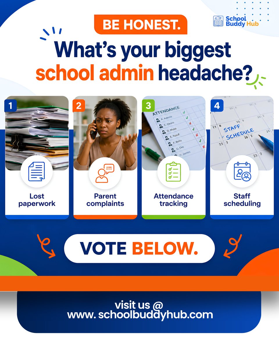 SchoolBuddyHub's tweet photo. Be honest... What’s your biggest school admin headache? 
  
​School management shouldn't feel like a full-time struggle. Simplify your operations today at  https://t.co/TuzVmoHxQD!
  
​#EdTech #SchoolManagement #EdTechNigeria  #SchoolAdmin #EducationTech https://t.co/W4FEX9hgGH