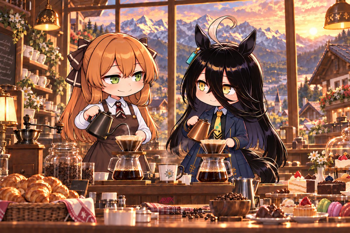 AR7FX_'s tweet photo. Springfield (Girls' Frontline 2: Exilium) &amp; Manhattan Cafe (Uma Musume) running a cafe

Chibi or Normal Version?

#ウマ娘 #ドルフロ2 https://t.co/t6tDUtRZUi