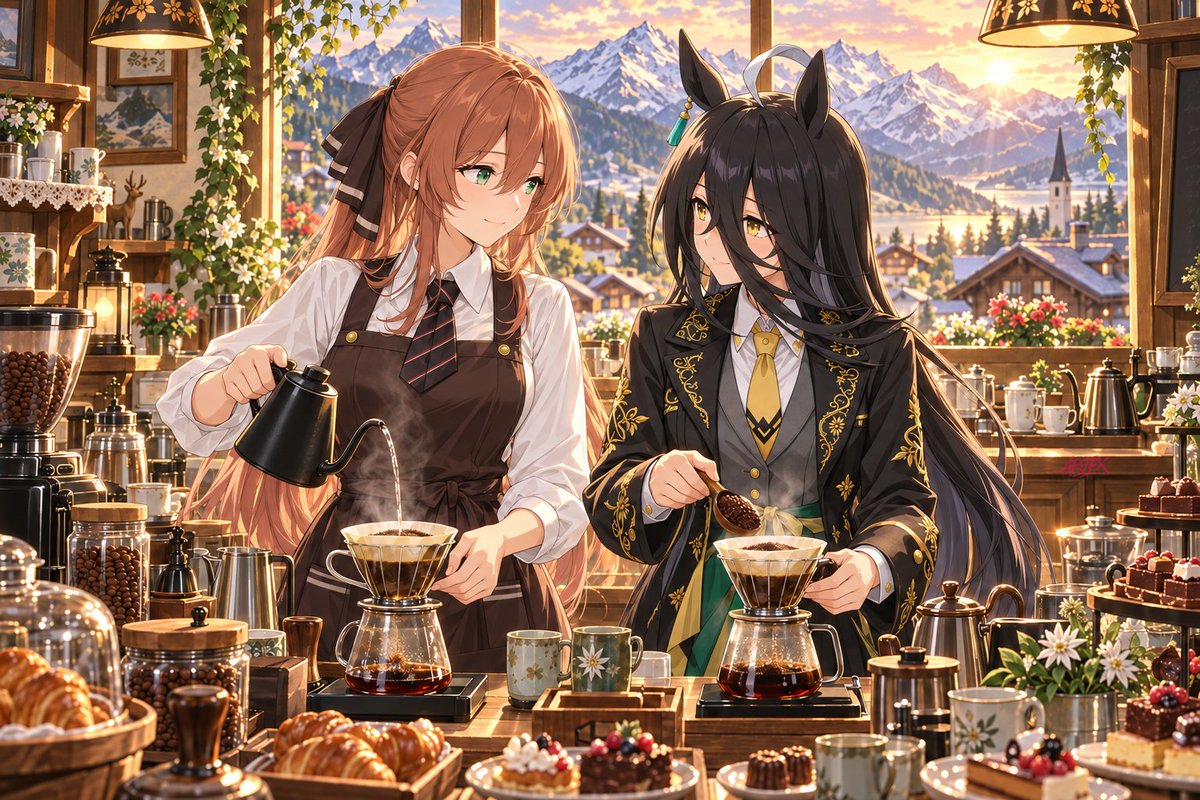 AR7FX_'s tweet photo. Springfield (Girls' Frontline 2: Exilium) &amp; Manhattan Cafe (Uma Musume) running a cafe

Chibi or Normal Version?

#ウマ娘 #ドルフロ2 https://t.co/t6tDUtRZUi