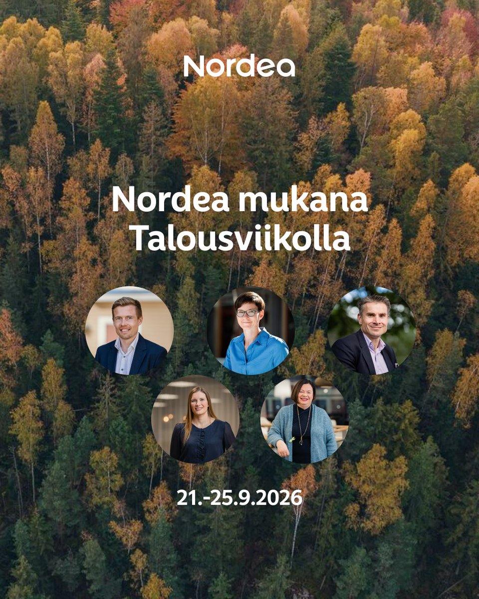 Nordea_FI's tweet photo. Talousviikolla 21.–25.9. keskustellaan muun muassa sijoittamisesta, arjen taloustaidoista, kilpailukyvystä ja eläkevuosiin varautumisesta. Viikon aikana Nordean asiantuntijat osallistuvat valtakunnalliseen talouskeskusteluun ja jakavat tutkimukseen, analyysiin ja asiakastyöhön perustuvia näkemyksiä talouden kehityksestä sekä suomalaisten taloudellisesta hyvinvoinnista.

Katso ohjelma ja ilmoittaudu mukaan: https://t.co/PTd0dgUHUH

#Talousviikko @Porssisaatio