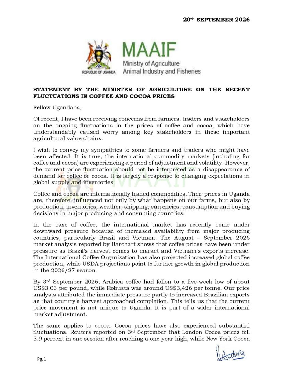 FrankTumwebazek's tweet photo. Dear farmers, this is a clearer version of my Statement on the status of coffee and cocoa prices.@newvisionwire @DailyMonitor @ubctvuganda @Fireliglntfi @ntvuganda https://t.co/UawhE1bL8S