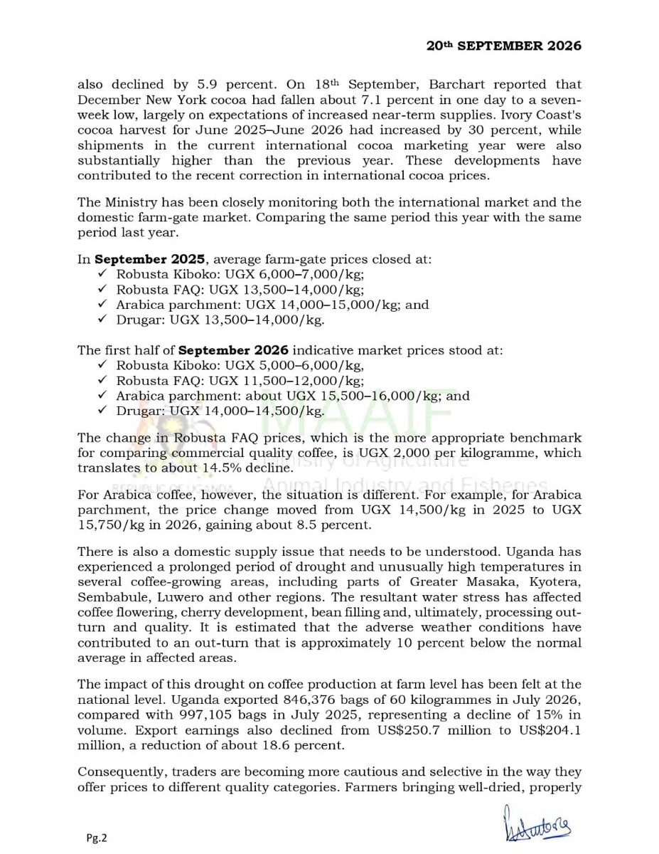 FrankTumwebazek's tweet photo. Dear farmers, this is a clearer version of my Statement on the status of coffee and cocoa prices.@newvisionwire @DailyMonitor @ubctvuganda @Fireliglntfi @ntvuganda https://t.co/UawhE1bL8S