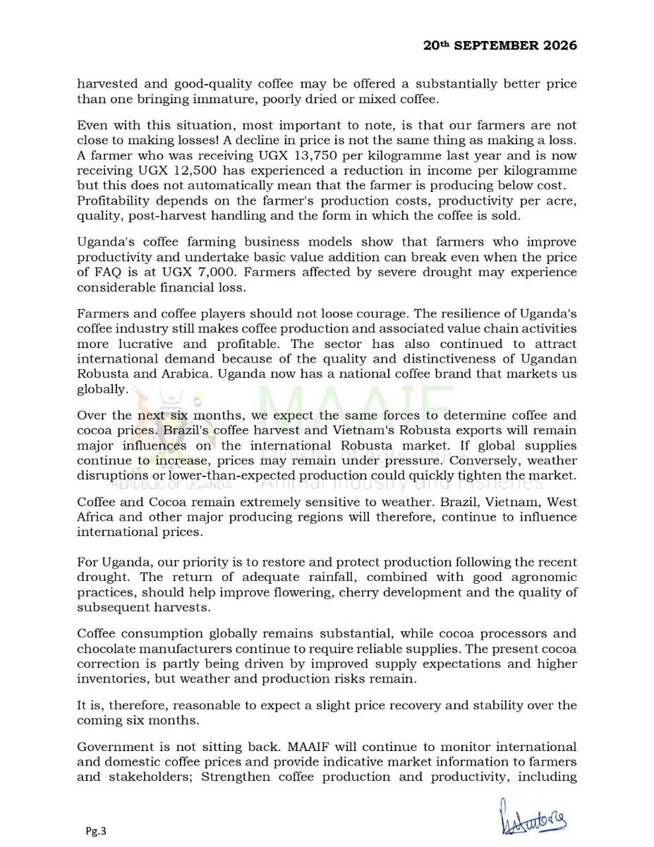FrankTumwebazek's tweet photo. Dear farmers, this is a clearer version of my Statement on the status of coffee and cocoa prices.@newvisionwire @DailyMonitor @ubctvuganda @Fireliglntfi @ntvuganda https://t.co/UawhE1bL8S