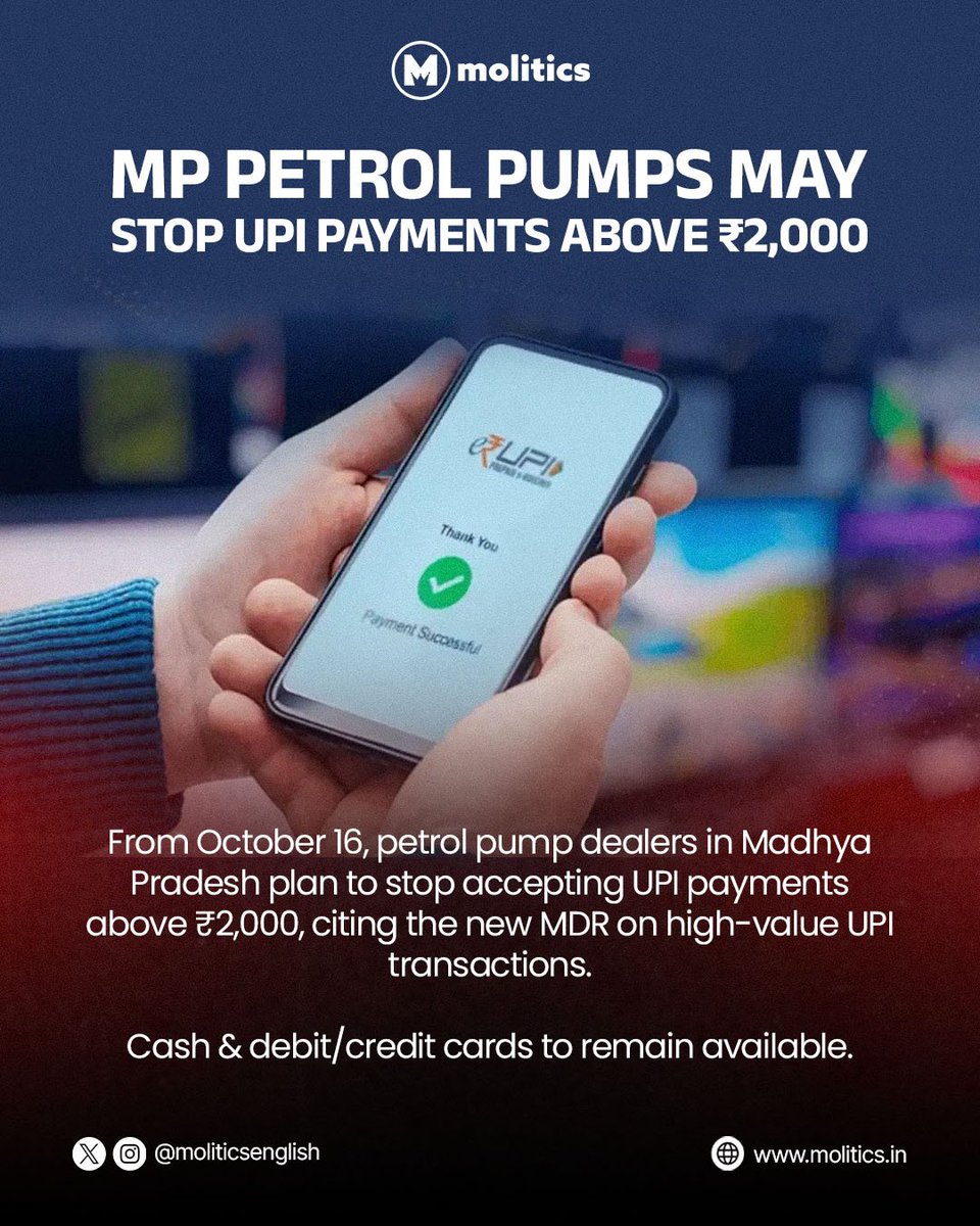 MoliticsEnglish's tweet photo. MP petrol pump dealers plan to stop accepting UPI payments above ₹2,000 from October 16, citing the new MDR framework on high-value UPI transactions.

Cash and debit/credit card payments will remain available, according to reports.

#MadhyaPradesh #UPI #UPIPayments #PetrolPumps https://t.co/5KTGJR1dnn