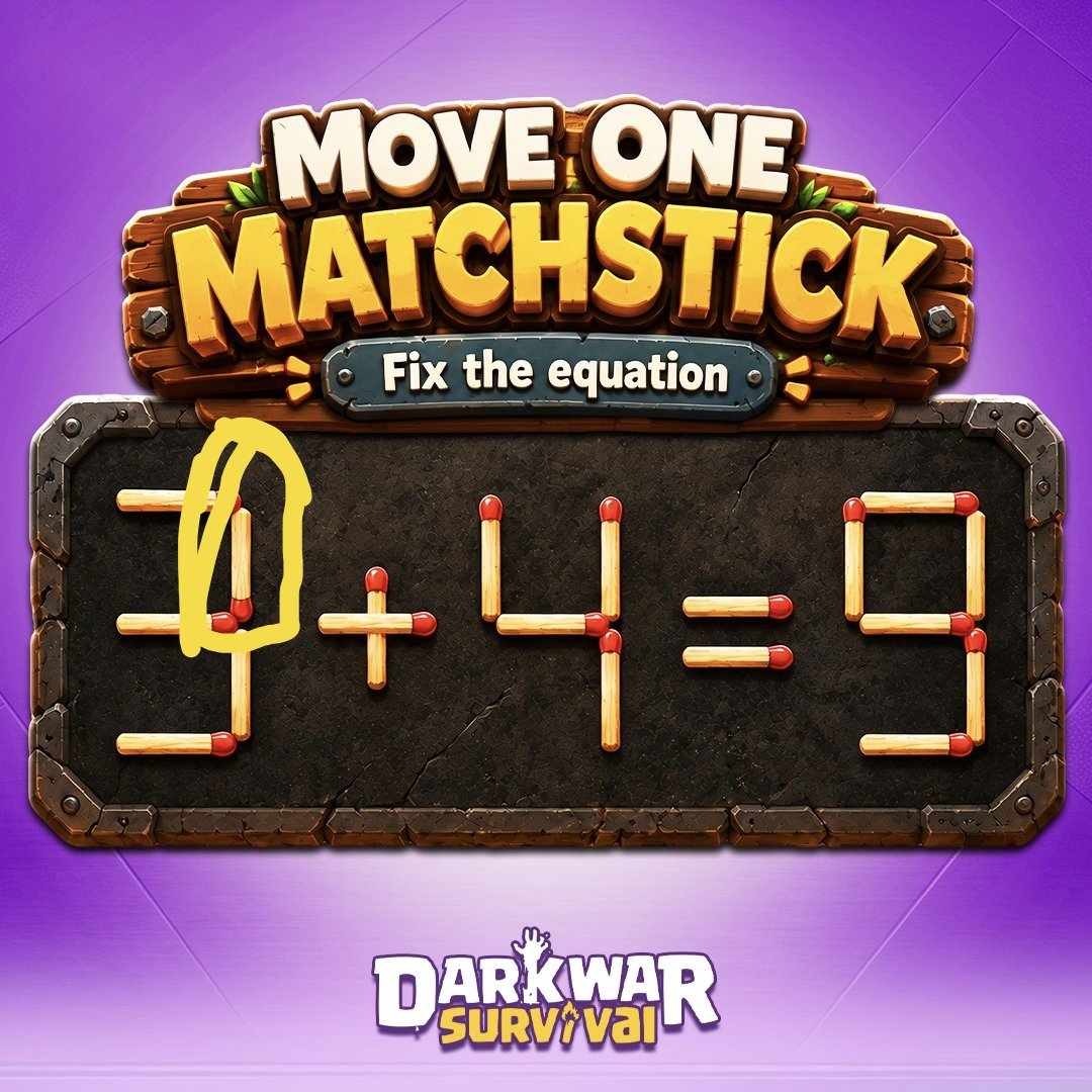 tittuscentavo's tweet photo. @Darkwar_Global Move one matchstick from the top-right of the 3 to its top-left position to turn the 3 into a 5.

The equation becomes: 5 + 4 = 9

1732152728000631 https://t.co/03NRO85pM2