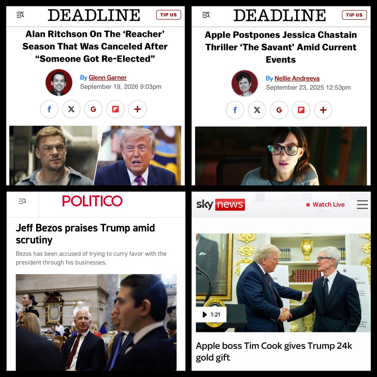 effoff1988's tweet photo. Amazon scrapped a Reacher season about white supremacists being the villains.

Apple postponed The Savant, a show about white supremacists being the villains. Promised to release it later. That was a year ago.

Trump’s America … and that of spineless billionaires.

Fascism. https://t.co/i1ngvncUe7
