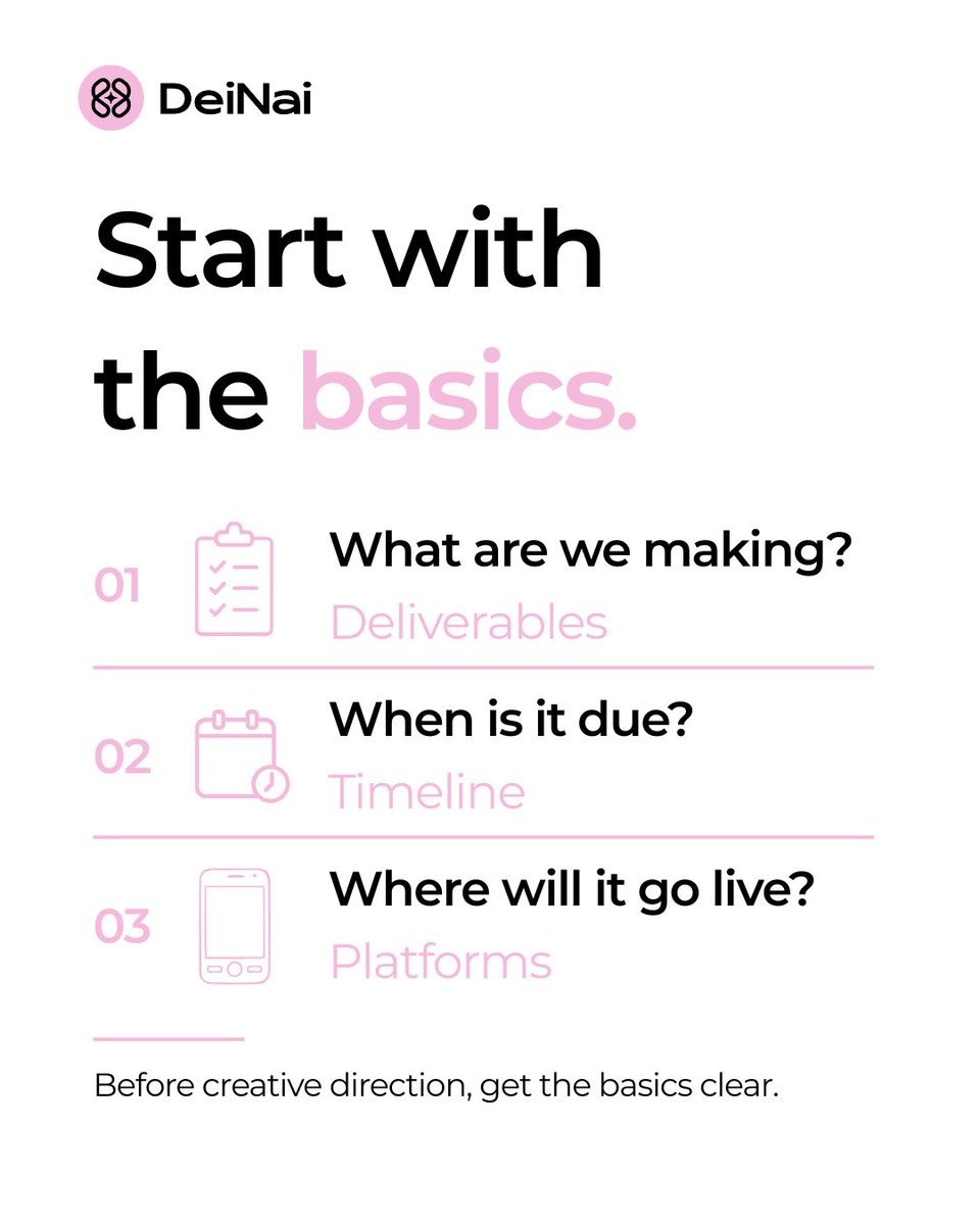 dei_nai's tweet photo. A better brief doesn’t mean a longer brief.
Get the basics clear. Set the message. Agree on usage early. Then give creators room to create.
Better expectations make better collaboration. https://t.co/ItYwlJatTR