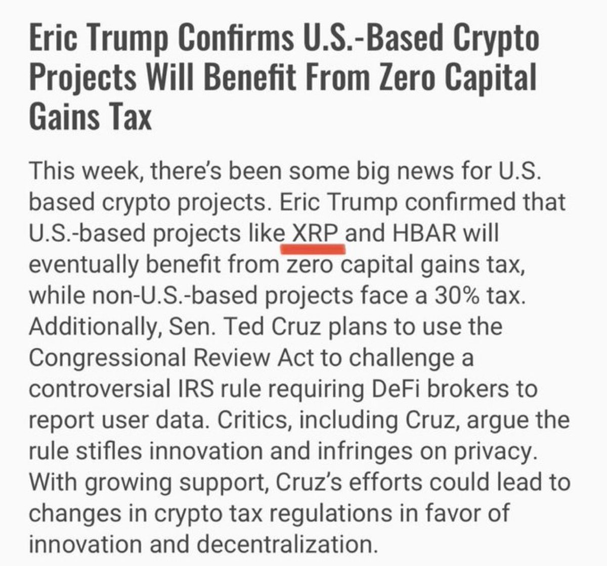 Digitalassete's tweet photo. Eric Trump already confirmed that U.S.-based Crypto projects (like XRP) will benefit from zero capital gains! 🇺🇸 

$XRP is the No.1 crypto by market-cap made in the USA! 💎 https://t.co/h8e2T2sfq8