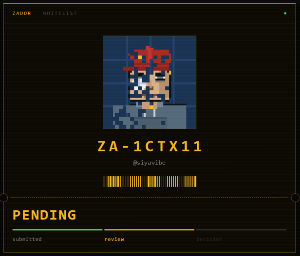 SiyaVibe's tweet photo. @zaddrnet check is in.
Application submitted → PENDING
I’ve been checking my status every 30 minutes like 😭
Just waiting to see that APPROVED screen.
Really hoping I make it into this one.
ZADDR definitely has my attention. 🫡
#ZADDR #Zcash #NFT #Web3 https://t.co/qC0J3fZxl7
