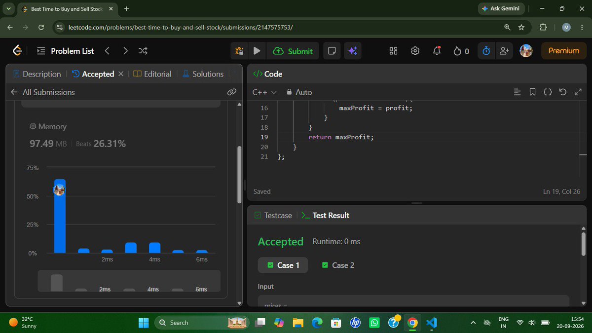 itz_Mahak25's tweet photo. ๐ฅ Day 14/50 โ Coding Challenge
Todayโs challenge: Best Time to Buy and Sell Stock ๐๐ป
Learning to spot the right move, one problem at a time. ๐ง โก
Still showing up. Still leveling up. ๐
#50DaysOfCode #DSA #CodingChallenge https://t.co/H5UXs5JVtr