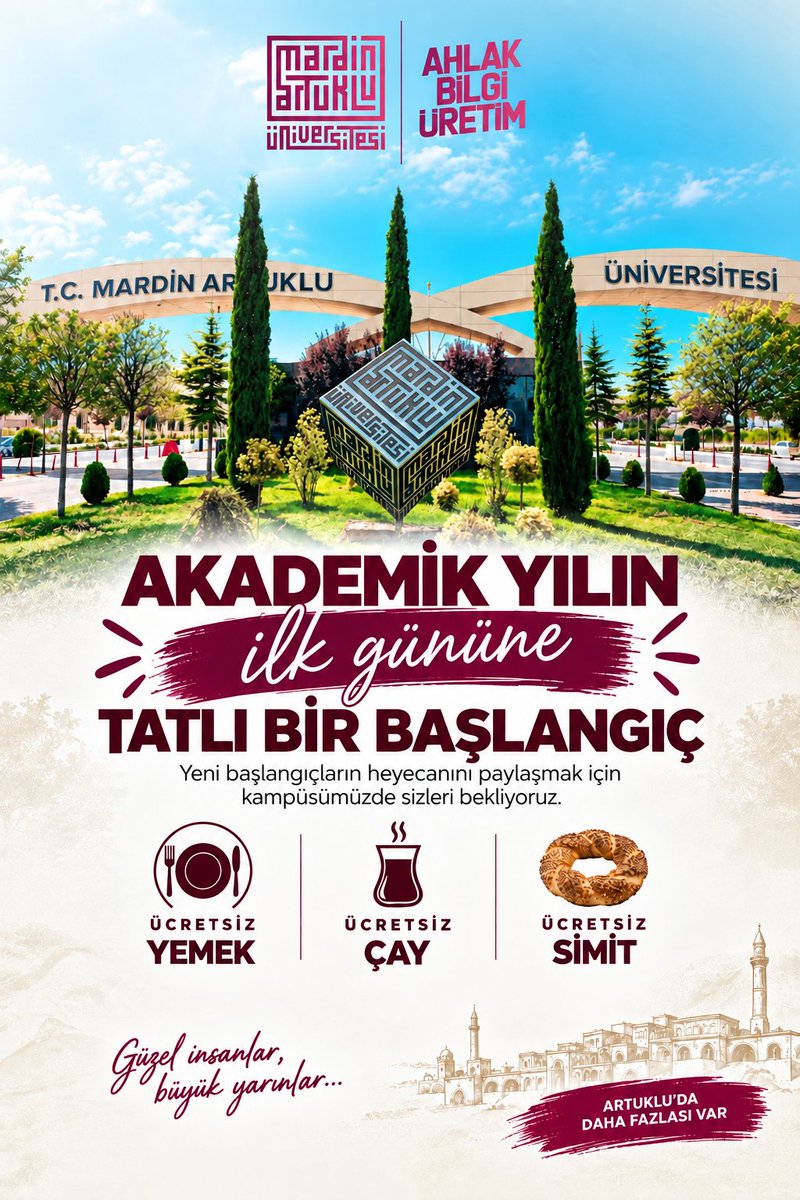 mardinartuklu's tweet photo. Akademik yılın ilk gününde siz değerli öğrencilerimizi karşılıyor; yeni dönemin ilk gününü birlikte paylaşmak ve başlangıcınızı tatlandırmak için öğle yemeği, çay ve simit ikramımızla sizleri Üniversitemizde ağırlıyoruz.

Akademik yolculuğunuzun ilk gününden itibaren başarı, huzur ve güzel anılarla dolu bir yıl geçirmenizi diliyor; yeni dönemin Üniversitemiz ve sizler için hayırlı olmasını temenni ediyoruz.

@erolozvar
@ibrahimozcosar

#YeniDönem #ÖğrenciDostuKampüs #ÜniversiteHayatı