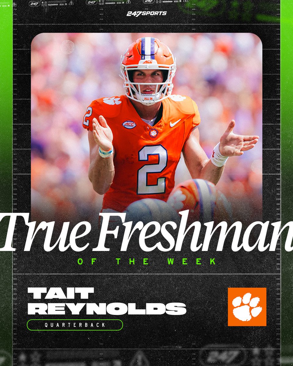 247Sports's tweet photo. Clemson QB Tait Reynolds is the 247Sports True Freshman of the Week after leading Clemson to a comeback win over UNC.

Reynolds' start came earlier in a season than any Clemson true freshman quarterback since 1975.

https://t.co/Iwv09CyNFX https://t.co/JmsQWHu9Vx