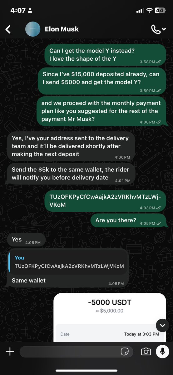 Linda34lou's tweet photo. Reply me Elon, I got scammed $20,000 for your Tesla model 
Help me please https://t.co/1SdeZFB5JX