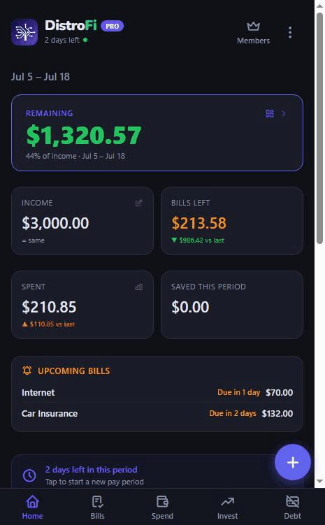 DistroFi_app's tweet photo. Building DistroFi in public.

Early days. Small user count. Shipping daily anyway.

The bet is simple: budget by paycheck, not by calendar month. See Remaining for THIS period. No bank linking.

If that sounds useful, try it free.
Open /app → set payday → see Remaining in under 2 minutes.

Install: iOS Share → Add to Home Screen · Android Install app
https://t.co/i5uoMAAcH9